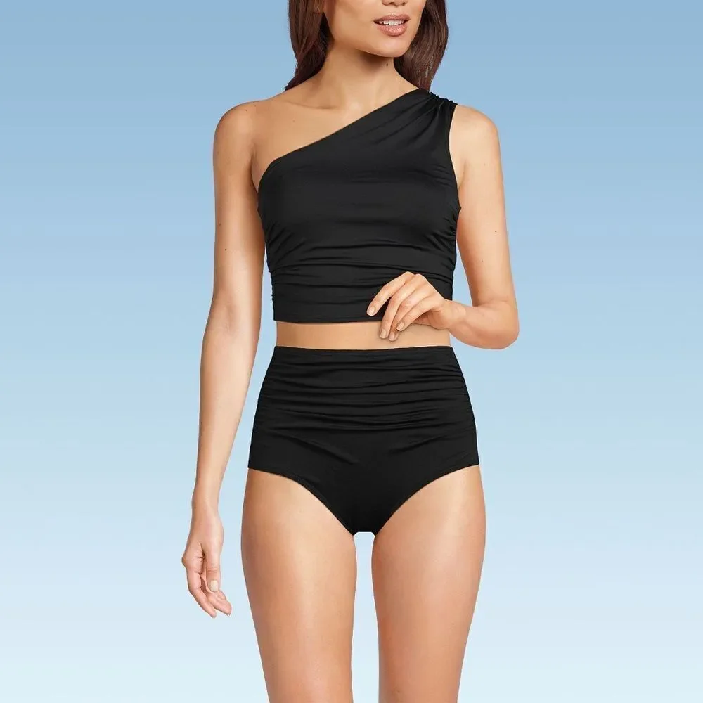 Land’s End multi way one shoulder adjustable strap soft tankini Top Black Var
